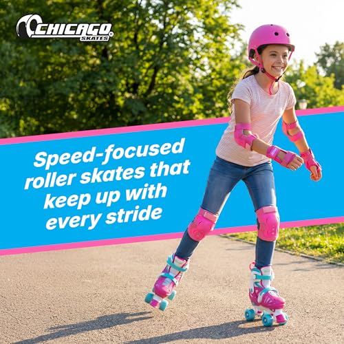 Image of Chicago Skates Girls Adjustable Junior Quad Skates - Pink /White /Teal - Small Sizes J10-J13