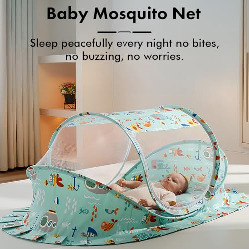 Image of StarAndDaisy Baby Mosquito net for Baby 0-12 Months with Mattress & Head Pillow for Infants, Toddlers, Baby, Breathable mesh-Mosquito Net for Baby's Peaceful Sleep - Aqua Print