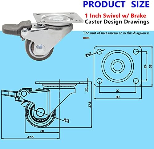 Casoter 1-Inch Castor Combo Set - 2 Swivel & 2 w/Brake, 25mm Brown Soft TPE Rubber Wheel, 4.2mm Bolt Holes, Ball Bearing Moves Smooth, 4 Pack Casters Total Load Capacity 77Lbs/35.2Kg