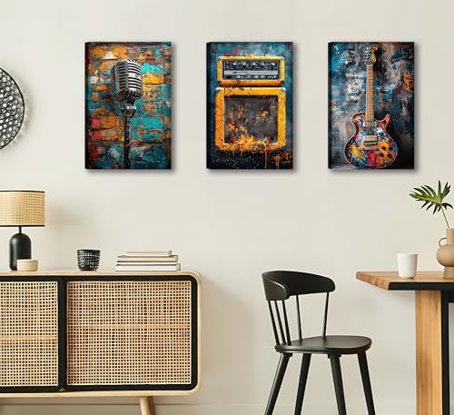 3Pcs Vintage Music Guitar Microphone Canvas Wall Art Studio Decor Framed by LNEASFLXX - Used condition - Image 8