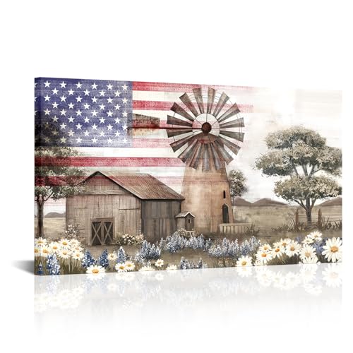 Toile murale drapeau américain et grange rustique marron rouge 50x91 cm