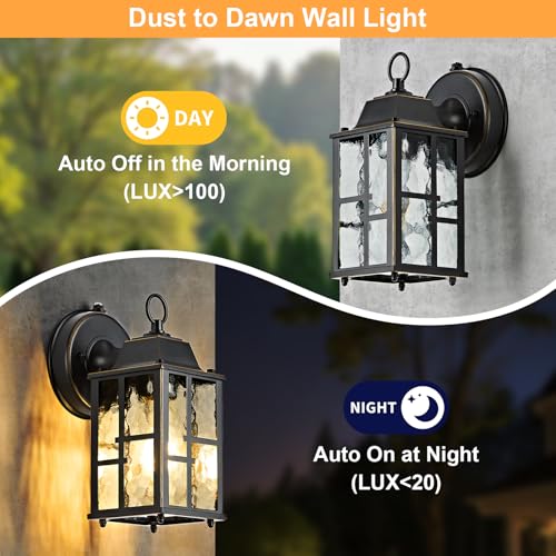 Image of OKELI 2-Pack Dusk to Dawn Outdoor Wall Lights, Weatherproof Exterior Lighting Fixture Wall Mount, Aluminum Ripple Glass Porch Light, Anti-Rust Outside Wall Sconce for House, Garage(Black&Gold-Trim)