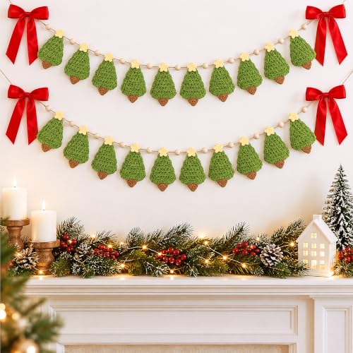 2Pcs 6.7ft Crochet Christmas Tree Garland, Rustic Tree and Wood Bead Banner | Farmhouse Mantel Hanging Garland with Red Bow for Christmas Party Home Decor, Pine Tree and Bead Banner Decoration