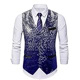Hauetro Glitzer Weste Herren Pailletten Anzugweste Glänzend V-Ausschnitt Weste Silvester Outfit Pailletten Ohne Ärmel für Disco Party Hochzeit Club Sequins Tanzveranstaltungen Karneval Feiern Alltag