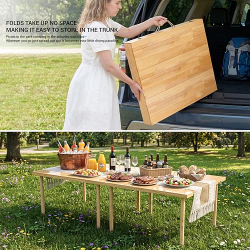 Upgraded Mini Low Wooden Folding Picnic Table with 8-Legs, Thick Varnished Tabletop, 44"×30" Portable Boho Beach Table with Table Runner for Yard, Camping, Indoor & Outdoor (Vertical Stripe) — view 4