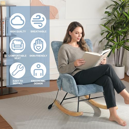 Image of Rocking Chair Nursery with Airbag, Comfy Modern Nursery Rocking Reading Chair Indoor, Cozy Upholstered Glider Rocker Chairs for Living Room Bedroom Offices, (Chenille, Blue)