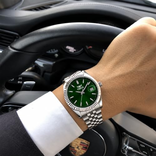 Image of Classic Green Dial Quartz Watch for Men with Stainless Steel Two Tone Bracelet (Silver-Golden), Magnified Date Window & Water Resistant Build
