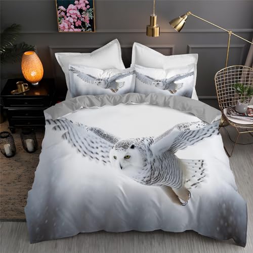 BettwäSche 155x220 Schnee-Eule Bettbezug Set 3 Teilig Fliegende Vögel Flauschig BettbezüGe und 2 Kissenbezug 80x80, Allergiker BettwäSche-Sets...