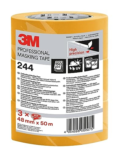 3M Pro Nastro Adesivo di Mascheratura 244, Alta Precisione, 48 mm x 50 m, 3 Rotoli/Confezione - Aualità Professionale
