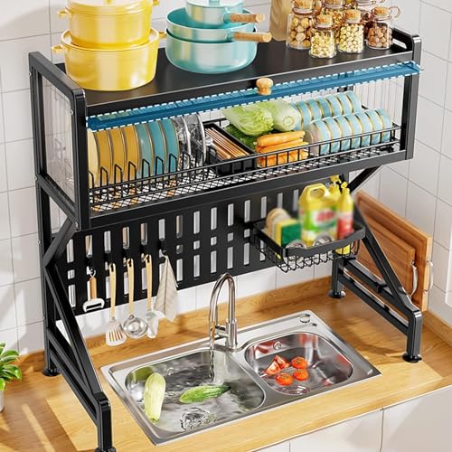 CLLBANT 2 Tier boven gootsteen afdruiprek zwart 65 cm uitbreidbare keuken met gebruiksvoorwerp houder en mokhaken deksel inbegrepen voor ruimtebesparende opslag