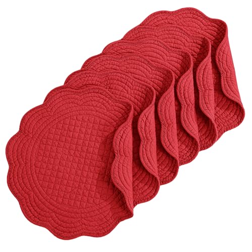 HOMBYS Quilted Placemats Set of 6 Washable Round Placemats for Kitchen Table-100% Cotton Fabric 13 Inch Round Table Mats, Cotton Fabric with Microfiber Filling, (13