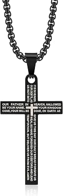 Stainless Steel Cross Necklace Lords Prayer Pendant, Intricate Engraving for Men Women, Faith & Protection with Chain