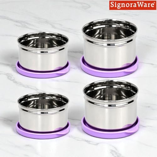 Image of Signoraware Mini Fresh Stainless Steel Container | Airtight & Leakproof | Ideal for Snacks, Kids Lunch, Kitchen Storage & Travel Use (170mlx2 + 140mlx2 | Set of 4 | Magenta)