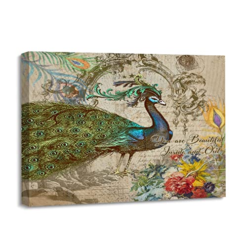 Toile de paon rétro encadrée pour sublimer la décoration murale d'un salon moderne
