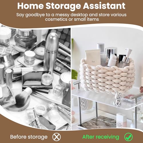 2er Set Aufbewahrungskorb Geflochten Baumwolle Strickkorb,Aufbewahrungskorb Weiß, für die Speicherung Kleiner Haushaltsartikel, für Schränke,Bad,Küche