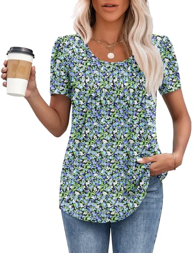 MOLERANI T Shirts for Women UK Round Neck Loose Casual Puff Short Sleeve Summer Tee Tops Front Pleated T Shirt Blue Green Flowers S