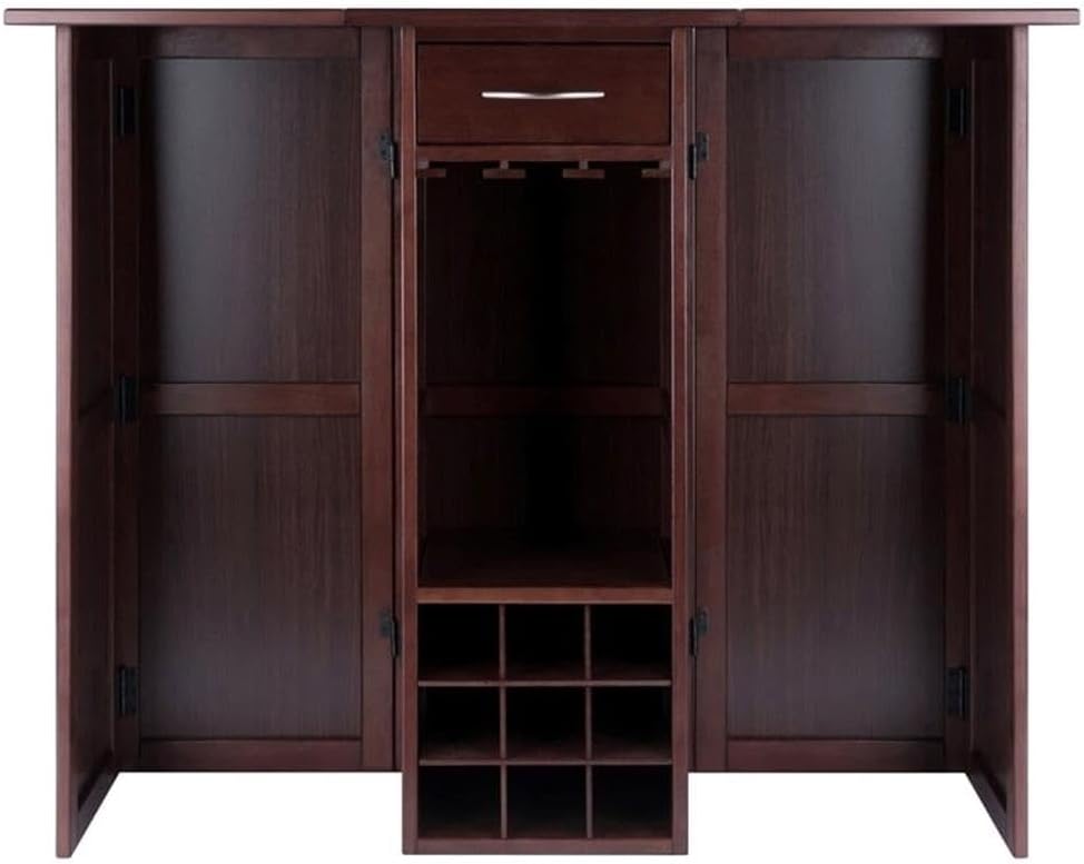 Pemberly Row Expandable Solid Wood Home Bar, Antique Walnut Finish, 40 in H x 50 in W x 18 in D, Countertop Wine Bar with 9-Bottle Capacity, Transitional Style for Dining Room or Entertaining Spaces