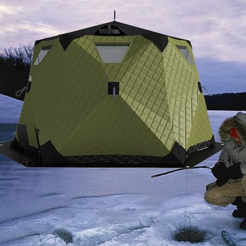 XQZMZSCP Ice Fishing Shelter with Stove Jack and Floor, Portable Ice Fishing Tent 420D Insulated Layer Ice Shanty Hexagon Ice Huts (Dark Green 260X260X170cm)
