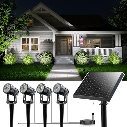 4-in-1 Solar Powered Spot Lights Outside Heavy Duty Aluminum Spotlight with Separate Glass Panel, Outdoor Waterproof Up Down Landscape Light for Garden Front Yard House Wall Ground, 15.7ft Cable White