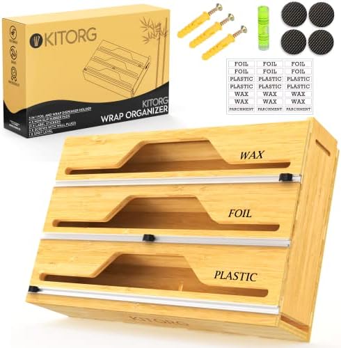 KitOrg Bamboo Foil and Plastic Wrap Organizer for Drawer, 3 in 1 Tin Foil, Cling Paper, Food Wrap, Plastic Wrap Dispenser with Cutter and Labels for Kitchen, Aluminum Foil Organization and Storage