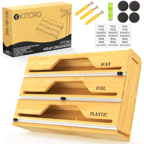 Kitorg Bamboo Foil And Plastic Wrap Organizer For Drawer, 3 In 1 Tin Foil, Cling Paper, Food Wrap, Plastic Wrap Dispenser With Cutter And Labels For Kitchen, Aluminum Foil Organization And Storage #TOP8