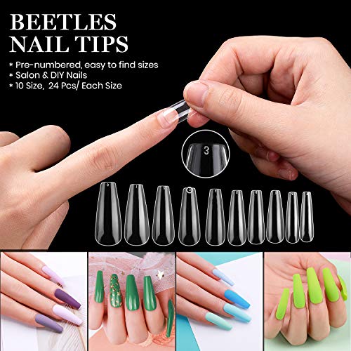 Long Coffin Fake Nail Tips - Beetles Gel Polish Acrylic Clear Artificial False Nails with Case for Acrylic Nail/Dip Powder Nail/Poly Extension Gel Nail, DIY Nail Art Home