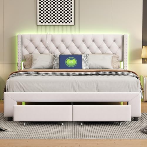 Fofetbfo Gepolstertes Doppelbett, 160 x 200 cm, mit 2 Schubladen, Bett 160 x 1200 cm mit Lattenrost, gepolstertes Kopfteil mit LED und USB, Funktionsbett mit Latten, für Erwachsene, Doppelbett, Beige – Bild 7
