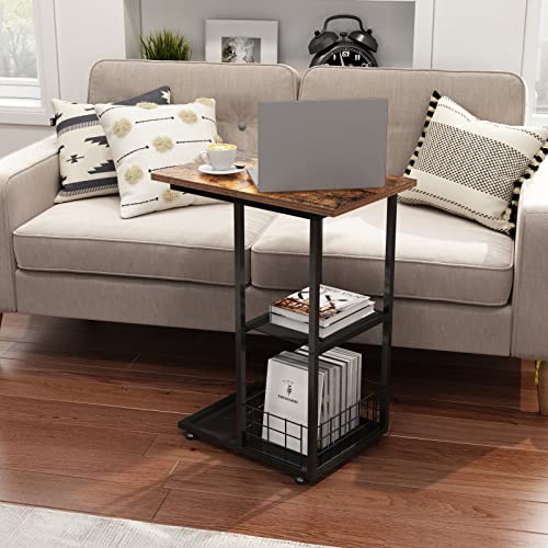Nongshim Snack Side Table, C Shaped Table With Storage Basket, Sofa Table With Metal Frames, Small Snack Tables For Living Room, Bedroom, Rustic Brown #TOP7