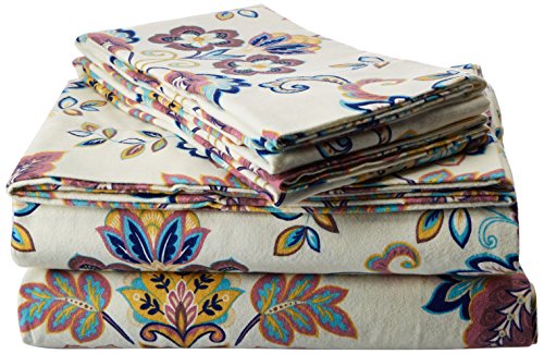 Tribeca Living 200-GSM Abstract Paisley Printed Deep Pocket Flannel Sheet Set, Queen, Multicolored