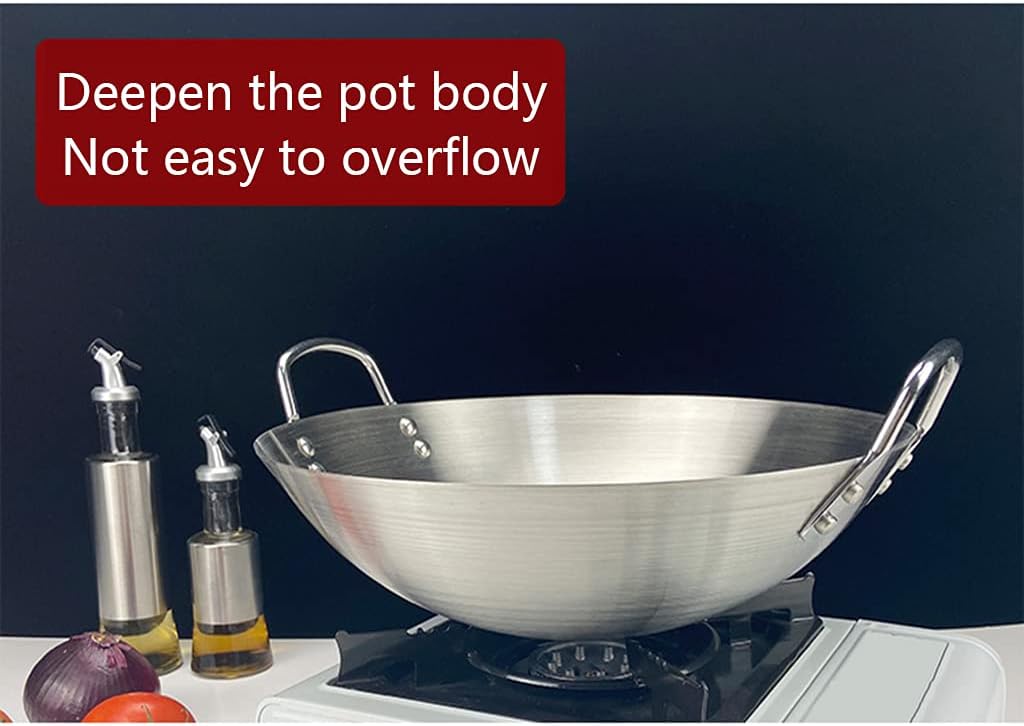 Thickened Round Bottom Double Ear Wok Made of Stainless Steel 30cm-47cm Modern Simplicity Non-Magnetic Uncoated Wok Heat Evenly Suitable for Home/Hotel/Restaurant/Commercial