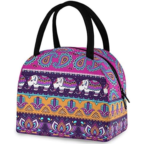ZzWwR Ethnic Indian Elephant Lotus Floral Reusable Lunch Tote Bag with Front Pocket Zipper Closure Insulated Cooler Container Bag for Work Picnic Travel Beach Fishing Cover