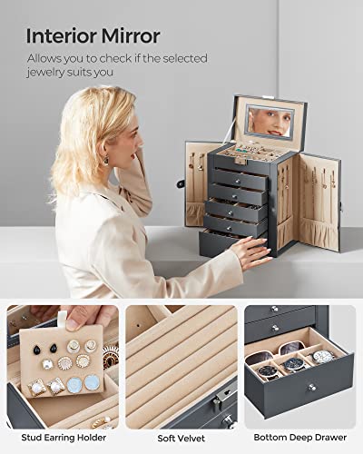 Songmics UJBC152G01 6 Tier Jewelry Box, Jewelry Case With 5 Drawers, Large Storage Capacity, With Mirror, Lockable thumb #4