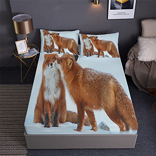 NOADREAM Spannbettlaken Frühlingsfreunde Fuchs Blumenkarikatur Mit Kissenbezugs Fuchsmuster Spannbetttuch Bettwäsche-Set 3 PCS (B,Einzel:90x200x35cm) Cover