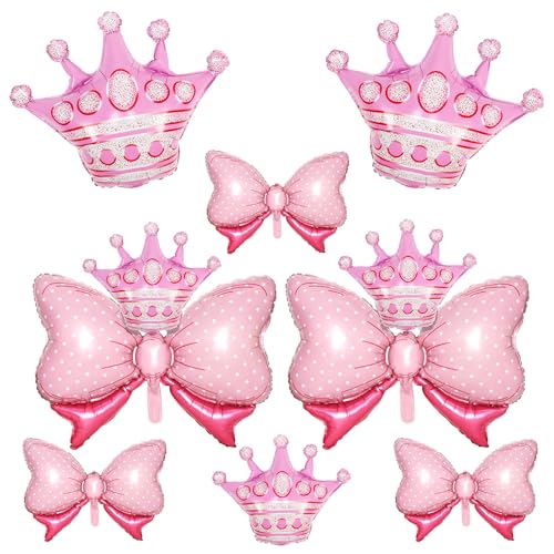 Image of 10pcs Pink Crown Balloons And Pink Bow Balloon, Light Bows Balloons, Large Pastel Crown Foil Balloon With Two Sizes For Birthday Baby Shower Theme Party Wedding Bridal Shower Decoration