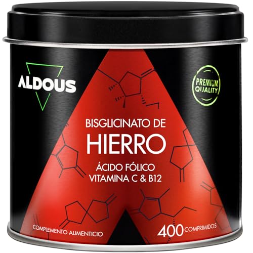 Hierro Suplemento 28 mg + Vitamina C, B12 y Acido Folico - 400 Comprimidos - Bisglicinato de Hierro y Vitamina C - Glóbulos Rojos, Hemoglobina - Vitaminas para el Cansancio - Vegano - Iron - Aldous