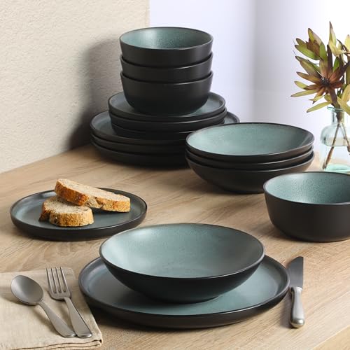 Image of Gibson Elite Tribeca Loft 16-Piece Dinnerware Set - Matte Black and Green Reactive Glaze Stoneware, Double Bowl Round Plates and Bowls - Modern Rustic Tableware for 4, Dishwasher & Microwave Safe
