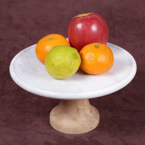 Creative Home Natural Marble And Mango Wood 12" Diam. Round Cake Stand Dessert Stand On Pedestal Footed Cake Plate, Off-White (Patterns May Vary) #TOP2