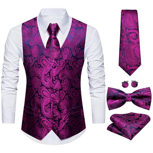 Image of Barry.Wang Men's Suit Vest Tie Bowtie Set Formal Silk Paisley Waistcoat Hanky Cufflinks Lapel Pin Set Wedding Party 7PCS