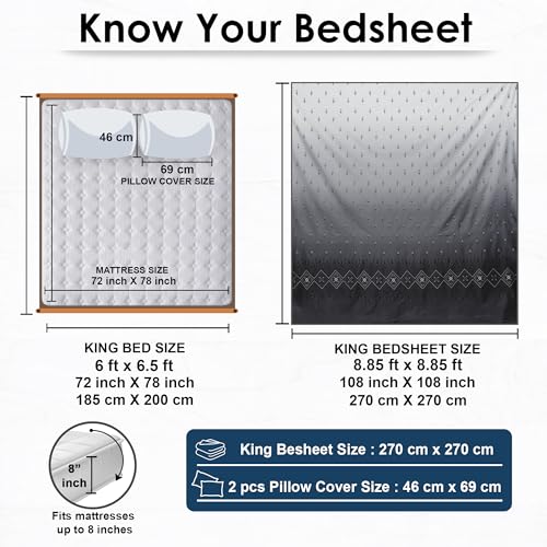 Image of Story@Home Luxe 400 TC Sateen Weave 100% Cotton Bedsheet King 270 cm x 270 cm Ombre Printed Soft Flat Sheet with 2 Pillow Covers 18 x 27 Inch -Graphite Grey-Gift Packaging