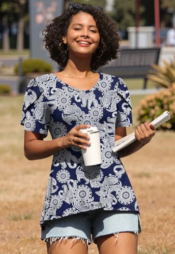 Image of CATHY 2026 Women Tops Summer Short Sleeve Tunic V Neck T-Shirts Loose Casual Floral Blouse S-4XL