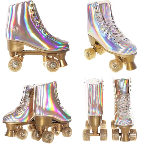 JajaHoho Roller Skates for Women, Holographic High Top PU Leather Rollerskates, Shiny Double-Row Four Wheels Quad Skates for Girls and Age 8-50 Indoor Outdoor (Size 7, Champagne Gold)