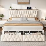 Decofy King Bed Frame with 2 Storage Drawers, Upholstered Platform Bed Frame with Charging Station, Metal Slat Support, No Box Spring Needed, Noise-Free, Beige