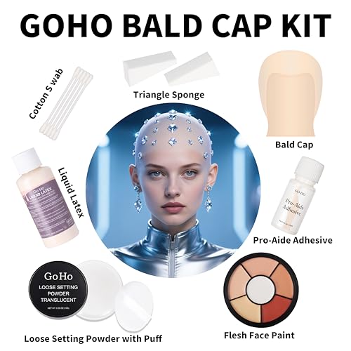 Go Ho Halloween Professional Bald Cap SFX Kit - Complete 8-Piece Makeup Set with Latex (30ml),Water Based Acrylic Adhesive(10ml),6 Colors Flesh Palette,Loose Setting Powder,Bald Cap&Applicators - Image 3