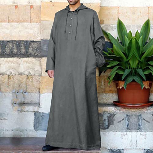 Men's Muslim Arab Caftan Long Sleeve Button Up Long Gown Drawstring Cotton Linen Hooded Muslim Robe Mens Clothing3