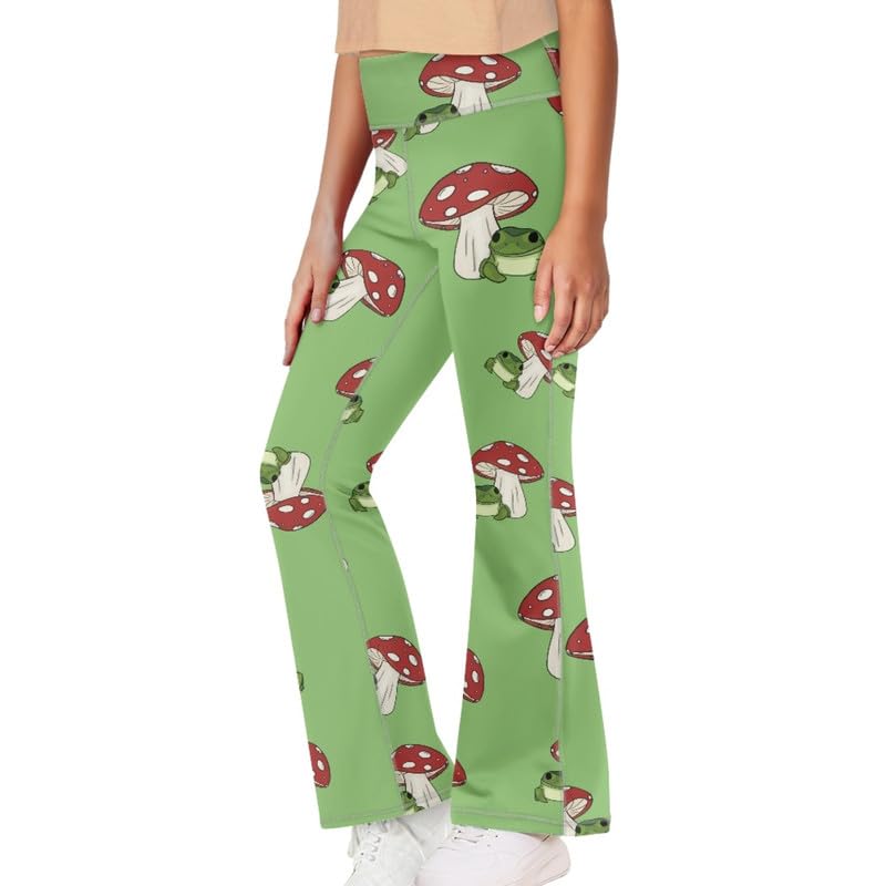 Jndtueit Red Mushroom Girls Yoga Pants, Cartoon Frog Flared Lounge Pants for Sports Running Back to School, Green High Waist Tummy Control Workout Pants