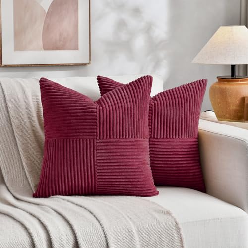 Image of Fancy Homi 2 Packs Burgundy Samll Decorative Throw Pillow Covers 14x14 Inch with for Couch Bed Sofa, Rustic Farmhouse Boho Home Decor, Soft Corss Patchwork Corduroy Square Cushion Case 35x35 cm
