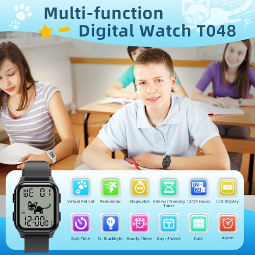 EZON T048 Digital Kids Watch for Teens Girls Boys,Sport Watch with Virtual Pet Cat Step Counter Stopwatch Pedometer Timer Alarm, No App Waterproof Fitness Tracker for Ages 7-182