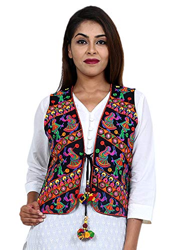 Image of Craft Trade Women's Cotton Embroidered Kutchi Jacket with Tassels Sleeveless Mirror Work
