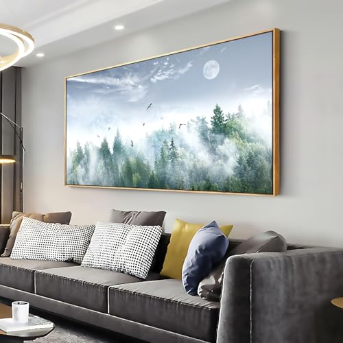 Tableau forêt de pins verts sous la brume toile chic encadrée salon