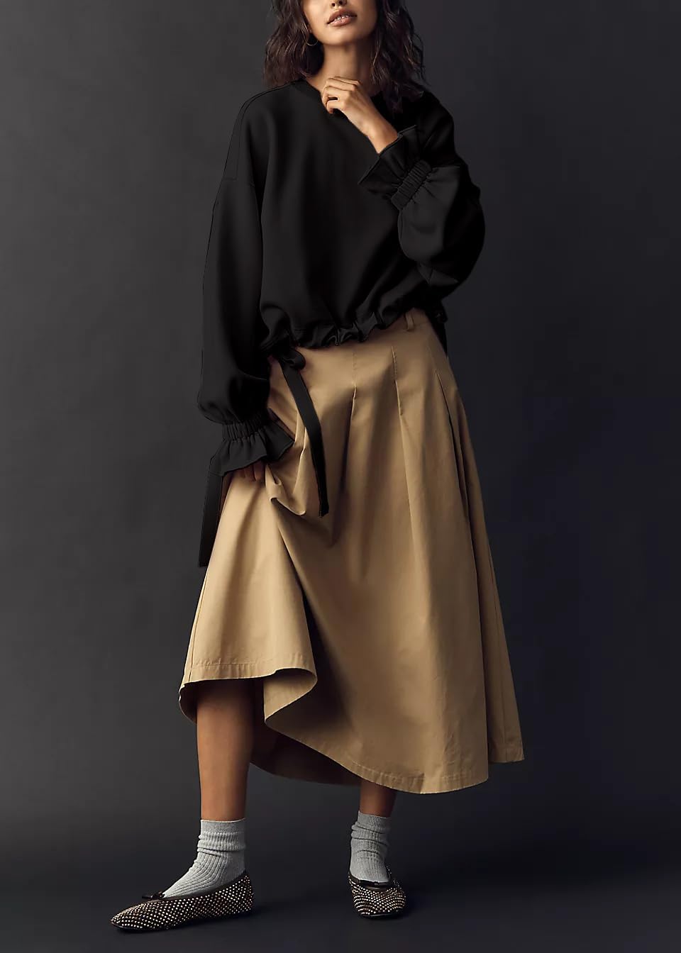 Women's Long Sleeve Crewneck Shirt Tops Oversized Casual Drawstring Hem Pullover Sweatshirts Fall Outfits - Image 5